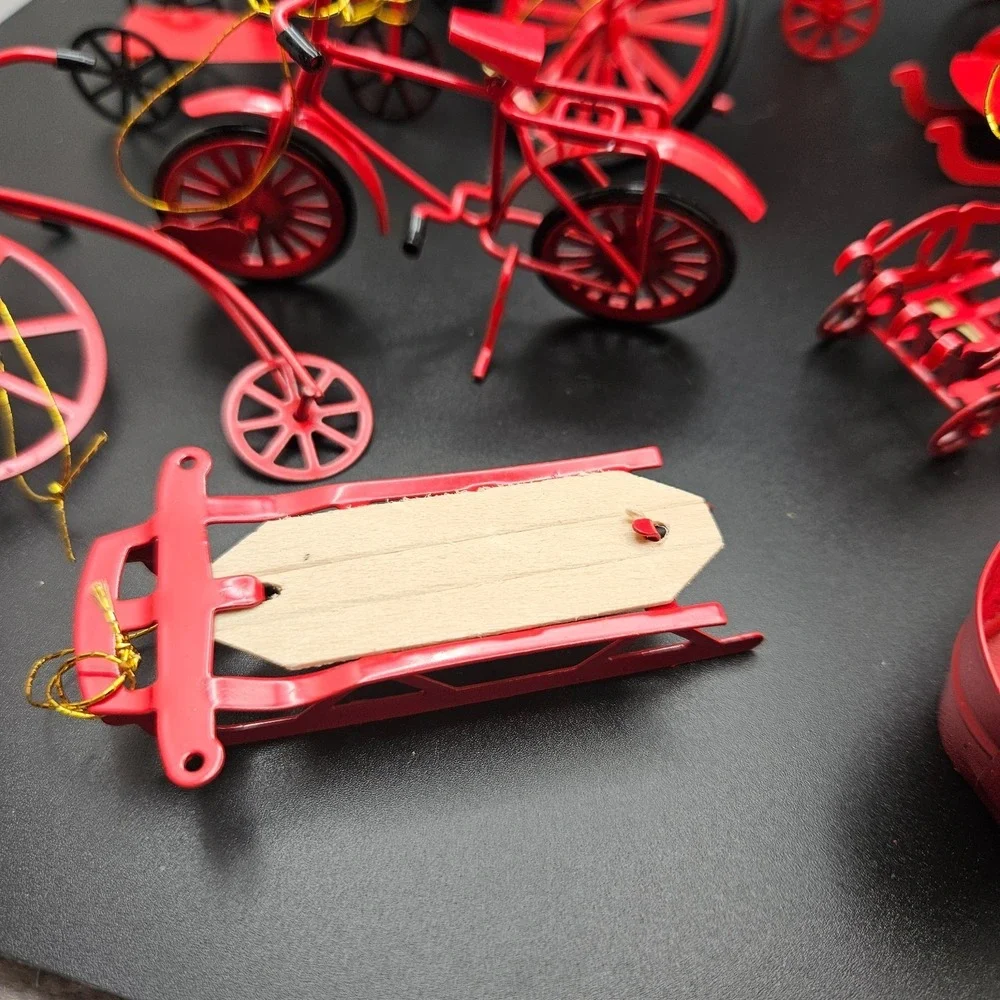 Vintage Red Metal Miniature Vehicles & Sled Christmas Ornaments Lot of 11 Taiwan